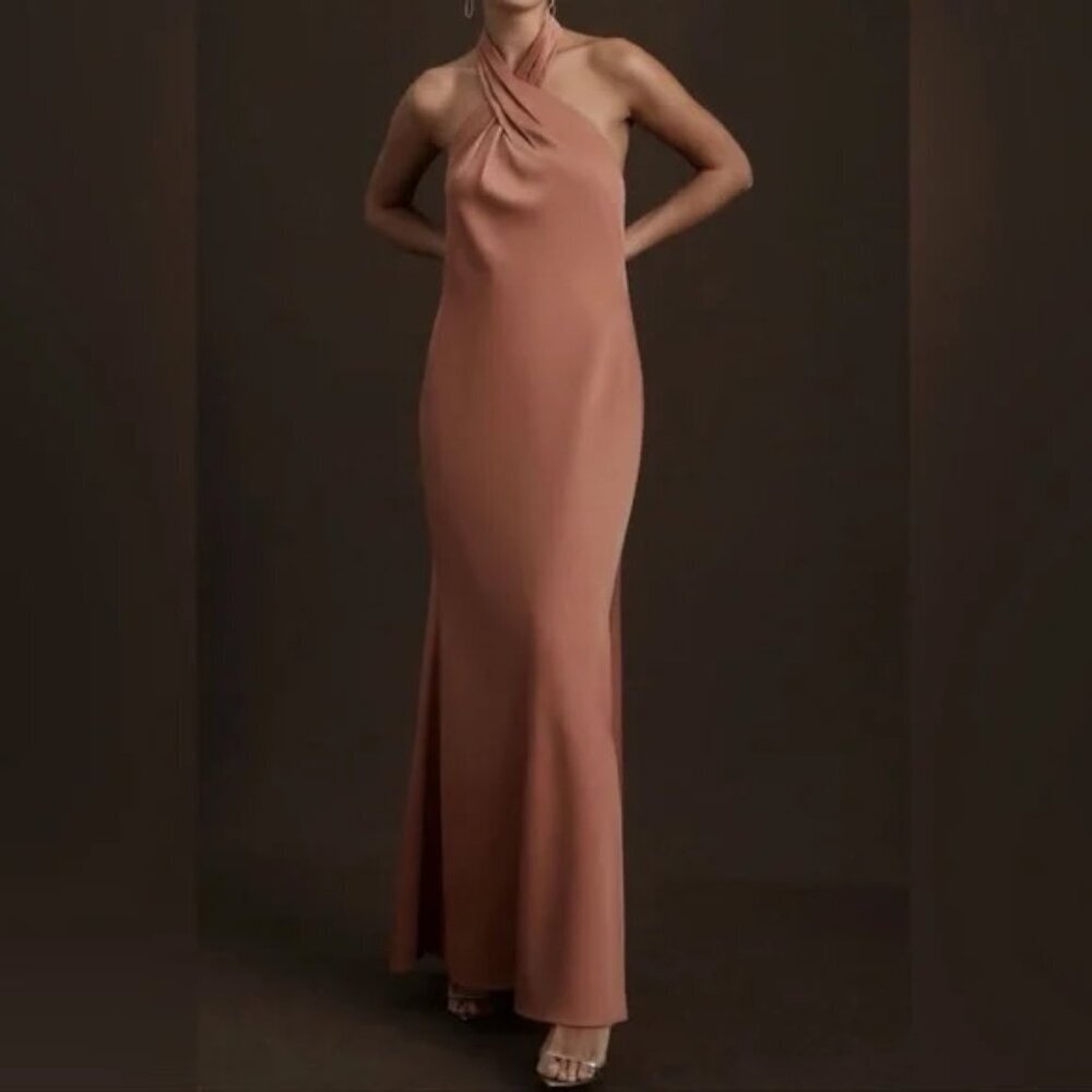 BHLDN Ruby Twist Halter Satin Gown in Sedona - Size 4, UNALTERED, USED